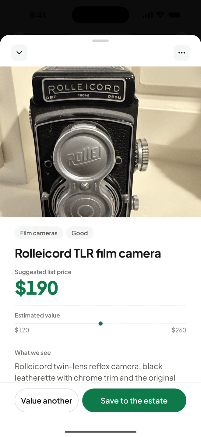 The Attic Scout app showing a scanned vintage film camera with its suggested list price and estimated value range