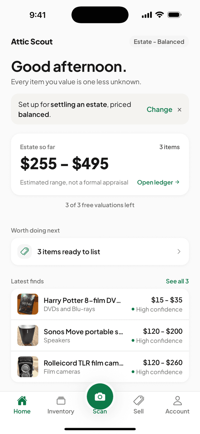 The Estate Ledger screen listing scanned items with their value ranges and a running total