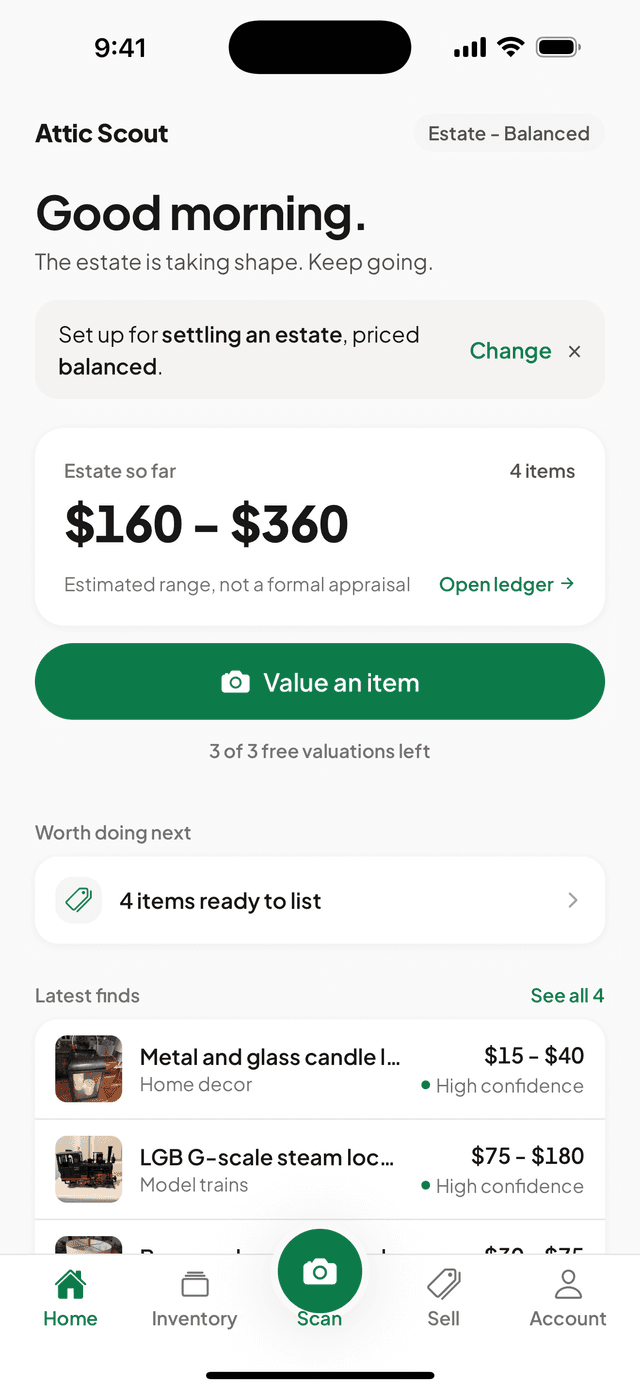 The Estate Ledger listing scanned items with value ranges and a running total