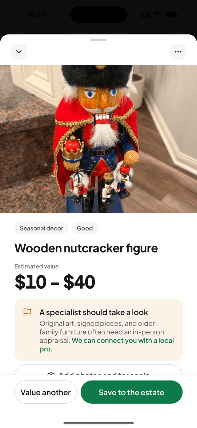 A low-confidence valuation where the app recommends a specialist instead of guessing