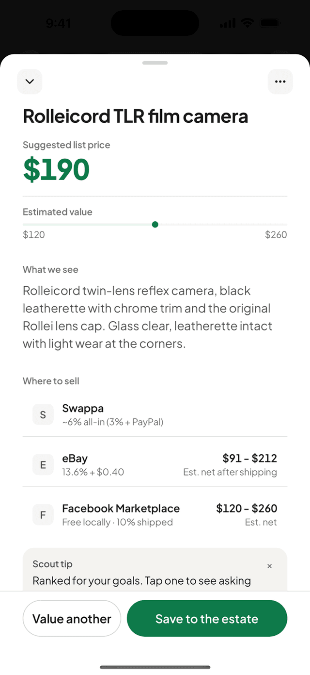 The where-to-sell breakdown for a scanned camera, showing the estimated net at each marketplace
